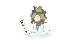 ._. backpack bag black_eyes blush blush_stickers flying full_body holding holding_stick japanese_text kinakomochi_(monsteromochi) korok motion_lines nintendo rocket simple_background smoke stick the_legend_of_zelda the_legend_of_zelda:_tears_of_the_kingdom translation_request white_background zonai_device