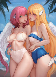 2girls angel_wings arm_behind_back astraea_(sora_no_otoshimono) bare_shoulders beach bikini bikini_pull blonde_hair blue_bikini breasts clothes_pull cowboy_shot frilled_bikini frills green_eyes hair_ribbon head_wings high-waist_bikini highres ikaros kayav large_breasts long_hair looking_at_another multicolored_bikini multiple_girls navel ocean palm_tree patreon_username pulling_another&#039;s_clothes red_eyes ribbon robot_ears sky sora_no_otoshimono strapless strapless_bikini swimsuit thighs tree twintails very_long_hair white_bikini white_ribbon white_wings wings yuri