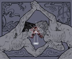 2boys arm_hair armpit_hair bara beard blood blood_on_face body_hair eye_contact facial_hair highres lighthouse looking_at_another multiple_boys mustache nipples nude teva_(stiinken) the_lighthouse thomas_howard thomas_wake wrestling