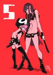 2girls belt breasts chest_harness closed_mouth dated full_body harness highres holster imaishi_hiroyuki jakuzure_nonon kill_la_kill kiryuuin_satsuki long_hair looking_at_viewer multiple_girls naked_belt nudist_beach_uniform official_art shoulder_holster skull_print utility_belt