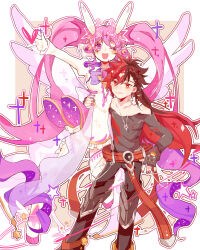 1boy 1girl absurdres aisha_landar black_hair black_pants black_shirt detached_sleeves dress elsword elsword_(character) fingerless_gloves gloves highres immortal_(elsword) long_hair long_sleeves looking_at_viewer lyukinree metamorphy_(elsword) multicolored_hair one_eye_closed pants pink_eyes pink_hair red_hair shirt split-color_hair twintails two-tone_hair very_long_hair white_dress white_sleeves