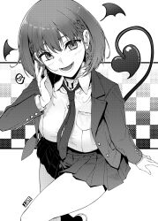 1girl absurdres ai-chan_(tawawa) artist_name blazer breast_pocket breasts checkered_background collared_shirt commentary_request demon_girl demon_tail getsuyoubi_no_tawawa greyscale guest_art head_wings heart highres jacket jjune large_breasts looking_at_viewer lower_teeth_only monochrome necktie open_clothes open_jacket open_mouth pleated_skirt pocket school_uniform second-party_source shirt short_hair skirt smile socks solo spoken_heart tail teeth whispering wings