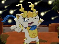 animal_ears blue_scarf businyan_teetee falling_star highres kirakoma looking_at_viewer no_humans one_eye_closed open_mouth pointing scarf solo star_(symbol) white_fur youkai_(youkai_watch) youkai_watch