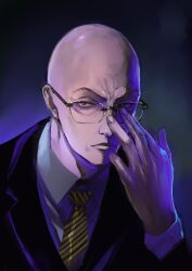 1boy adjusting_eyewear bald black_suit commentary_request dark_background diagonal-striped_clothes diagonal-striped_necktie formal_clothes glasses highres kishida_mel long_sleeves looking_at_viewer male_focus necktie purple_eyes ramen_hakkenden serizawa_tatsuya shirt simple_background solo striped_clothes suit upper_body white_shirt