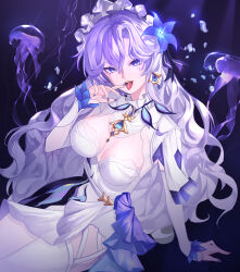 1girl bbi_(bbi_illust) blue_flower breasts cantarella_(wuthering_waves) commentary_request dress earrings facial_mark fingernails flower hair_between_eyes hair_flower hair_ornament hand_up headdress highres jewelry korean_commentary large_breasts looking_at_viewer mark_under_eye nail_polish purple_eyes purple_hair purple_nails shrug_(clothing) solo thighhighs tongue tongue_out white_dress white_shrug white_thighhighs wuthering_waves