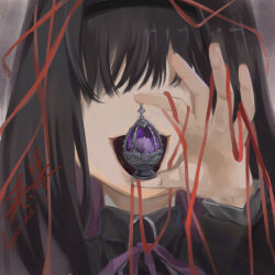 1girl akemi_homura akemi_homura_(magical_girl) black_hair covered_eyes highres holding liangacute long_hair mahou_shoujo_madoka_magica open_mouth portrait solo soul_gem straight-on