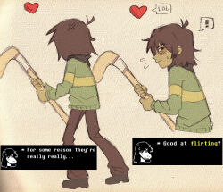 ! 1girl 1other anger_vein black_shoes blush brown_hair brown_pants commentary deltarune english_commentary english_text green_sweater heart highres holding_hockey_stick kris_(deltarune) long_sleeves pants shoes short_hair spoken_exclamation_mark striped_clothes striped_sweater susie_(deltarune) sweater szivarvanyturmix02