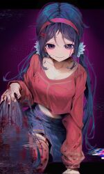 Rule 34 | 1girl, blood, blood on clothes, blood on face, blue eyes, blue hair, breasts, censored, cf sdg, choker, cleavage, collarbone, crazy mita (miside), crop top, cropped shirt, dark background, decapitation, flower hairtie, hairband, hashtag-only commentary, highres, holding another&#039;s hair, kind mita (miside), long hair, long sleeves, low twintails, medium breasts, miside, mita (miside), mosaic censoring, red choker, red hairband, red shirt, red thighhighs, shirt, simple background, smile, thighhighs, twintails