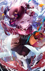 1girl bird blue_eyes boots bow commentary_request cup dove floral_print flower food frills from_above gloves hair_between_eyes hat highres holding holding_tray japanese_clothes kimono komorihikki lace-up_boots long_hair long_sleeves looking_at_viewer open_mouth original red_flower ribbon skirt smile solo tea top_hat tray very_long_hair white_hair