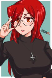 1girl absurdres adjusting_eyewear bespectacled black_shirt breasts commentary_request cross dated glasses hair_over_one_eye hamu_agaki hand_on_own_hip highres inverted_cross inverted_cross_necklace jewelry large_breasts long_hair necklace one-hour_drawing_challenge orange_eyes parasoul_(skullgirls) parted_lips red_hair red_lips round_eyewear shirt signature skullgirls solo sweater turtleneck turtleneck_sweater