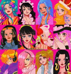 Rule 34 | 1boy, 6+girls, aqua hair, arm tattoo, baby 5, black hair, blue hair, blunt bangs, blush, boa hancock, charlotte pudding, cigarette, clenched teeth, commentary, crown, curly eyebrows, earrings, english commentary, epaulettes, extra eyes, eyelashes, eyewear on head, flower, hair over one eye, hand fan, hat, hat flower, headphones, highres, holding, holding fan, itstheenami, jewelry, kikunojo (one piece), kouzuki hiyori, looking at viewer, maid headdress, multicolored hair, multiple girls, musical note, nami (one piece), nefertari vivi, nico robin, oiran, one piece, one piece film: red, one piece film: z, open mouth, orange-tinted eyewear, orange hair, perona, pink background, pink hair, ponytail, red hair, red lips, red nails, sidelocks, simple background, striped clothes, tattoo, teeth, tinted eyewear, tongue, tongue out, turtleneck, twintails, two-tone hair, uta (one piece), vegapunk lilith, vertical-striped clothes, vinsmoke reiju, watermark, white hair