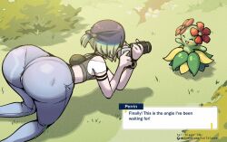 2girls all_fours anus anus_peek ass ass_support bellossom blush_stickers bob_cut bow breasts bush camera character_name curvy denim english_text forest gen_2_pokemon grass hair_bow happy holding holding_camera huge_ass jeans looking_at_another medium_breasts multiple_girls nature nintendo pants perrin_(pokemon) pokemon pokemon_sv ribbed_shirt shirt short_hair skindentation smile speech_bubble sunlight tail-blazer wide_hips