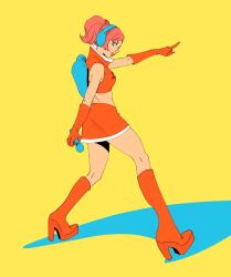 Rule 34 | 1girl, bare shoulders, blue eyes, boots, breasts, crop top, full body, gloves, headphones, high heel boots, high heels, holding, holding microphone, leslie hung, medium breasts, microphone, miniskirt, orange boots, orange gloves, orange shirt, orange skirt, pink hair, pointing, ponytail, shirt, skirt, solo, space channel 5, ulala, yellow background