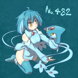 00s 1girl azelf blue_hair blue_skirt blush boots creature_and_personification creatures_(company) detached_sleeves game_freak gen_4_pokemon kuromiya legendary_pokemon moemon multicolored_hair nintendo no_panties open_mouth personification pokedex_number pokemon pokemon_(creature) pokemon_dppt short_hair sitting skirt smile tail two-tone_hair wariza yellow_eyes
