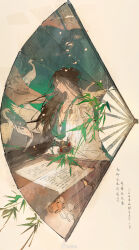 1girl absurdres bamboo bird black_eyes brown_background brown_hair chinese_clothes chinese_commentary closed_mouth collarbone commentary_request crane_(animal) cropped_torso folding_fan hair_bun hand_fan hanfu highres long_hair long_sleeves mei_ren original outstretched_hand paper petals simple_background single_hair_bun smile solo table watermark weibo_watermark white_hanfu