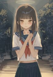 1girl blush brown_eyes brown_hair collarbone danraz0r flat_chest graveyard highres long_hair looking_at_viewer midriff_peek neckerchief original pleated_skirt red_neckerchief sailor sailor_collar school_uniform serafuku shirt shirt_overhang short_sleeves skirt solo standing white_shirt