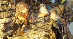 2girls blue_eyes book brown_hair feathers harry_potter_(series) hat highres ink library long_hair long_sleeves multiple_girls original paper parted_lips quill scarf scenery sumi_0525 wand wizard_hat wizarding_world yellow_eyes