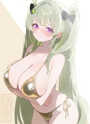 1girl absurdres antenna_hair arms_under_breasts bikini blush breasts cleavage closed_mouth goddess_of_victory:_nikke gold_bikini green_hair hair_ornament highres huge_breasts kotha_art long_hair looking_at_viewer navel purple_eyes side-tie_bikini_bottom sidelocks soda_(nikke) solo stomach swimsuit twintails very_long_hair