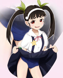 1girl absurdres bakemonogatari black_hair black_skirt blue_one-piece_swimsuit cameltoe clothes_lift fang green_ribbon hachikuji_mayoi hairband highres lifting_own_clothes loli long_hair monogatari_(series) nyo_n1229 old_school_swimsuit one-piece_swimsuit open_mouth red_eyes ribbon school_swimsuit shirt skirt skirt_lift smile solo suspender_skirt suspenders swimsuit swimsuit_under_clothes thighs twintails white_shirt zoom_layer