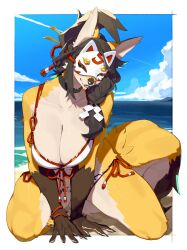 1girl animal_ears animal_nose bikini black_hair blue_sky body_fur braid braided_ponytail breasts cleavage cloud collarbone day eye_mask fox_ears fox_girl fox_mask fox_tail furry furry_female highres kame_(3t) kneeling large_breasts long_hair looking_at_viewer mask ocean orange_fur original outdoors sky snout solo swimsuit tail white_bikini