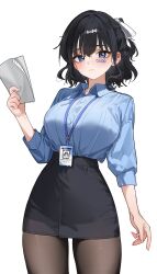 1girl arm_at_side black_hair black_pantyhose black_skirt blue_shirt blush breasts closed_mouth collared_shirt commentary_request cowboy_shot earrings facial_tattoo hair_ribbon hand_up high-waist_skirt highres holding holding_paper hwashin02 jewelry jpeg_artifacts korean_commentary lanyard large_breasts light_frown long_sleeves looking_at_viewer medium_hair miniskirt office_lady original pantyhose paper pencil_skirt ribbon shirt shirt_tucked_in simple_background skirt solo split_mouth standing stud_earrings tattoo wavy_hair white_background white_ribbon wing_collar