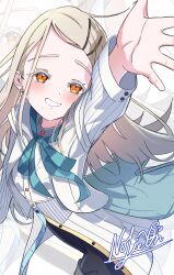 1girl absurdres arm_up blonde_hair blush commentary_request ear_piercing from_above gakuen_idolmaster highres idolmaster jacket long_hair long_sleeves looking_at_viewer open_clothes open_jacket orange_eyes outstretched_arm outstretched_arms peanut_mouth piercing shinosawa_hiro shirt sidelocks signature smile solo swept_bangs vtitalianlion46 white_background white_shirt zoom_layer