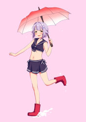 1girl blush boots breasts brown_eyes commentary_request crop_top full_body highres idolmaster idolmaster_cinderella_girls koshimizu_sachiko looking_at_viewer navel open_mouth purple_hair sailor_collar sakaki_imasato short_hair skirt small_breasts smile solo splashing standing standing_on_one_leg umbrella