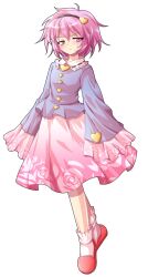 1girl alphes_(style) black_hairband blue_shirt blush buttons closed_mouth commentary_request dairi dress floral_print frilled_socks frills full_body hairband heart heart_button komeiji_satori parody pink_hair pink_skirt pink_slippers purple_eyes rose_print shirt short_hair skirt sleeves_past_fingers sleeves_past_wrists slippers socks solo style_parody sweatdrop touhou transparent_background white_socks wide_sleeves