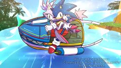 1boy 1girl akira_slide animal_ears arms_around_neck blaze_the_cat cat_ears cat_tail furry furry_female furry_male green_eyes highres hug jet_ski looking_at_viewer nanadoesart sonic_(series) sonic_rush sonic_rush_adventure sonic_the_hedgehog tail watercraft wet yellow_eyes