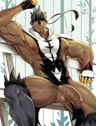 1boy abs absurdres bara bare_pectorals biceps covered_abs covered_navel dark-skinned_male dark_skin ear_piercing erection facial_hair feet_out_of_frame gen_8_pokemon girthy_penis gluteal_fold grey_hair headband highres huge_nipples kimakkun large_pectorals legendary_pokemon male_focus mature_male muscular muscular_male nintendo nipples nude pectorals penis personification piercing pokemon revealing_clothes short_hair sitting solo spread_legs stomach stubble testicles thick_thighs thighs uncensored urshifu veins veiny_penis