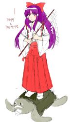 1boy 1girl absurdres beard blunt_bangs bow closed_mouth commentary_request derivative_work detached_sleeves facial_hair full_body genjii_(touhou) gohei hair_bow hakama hakama_pants hakurei_reimu hakurei_reimu_(pc-98) highly_responsive_to_prayers highres holding japanese_clothes korean_commentary kuya_(hey36253625) light_blush long_hair long_sleeves looking_at_viewer lotus_land_story miko no_shoes pants purple_eyes purple_hair red_bow red_hakama ribbon_trim sidelocks simple_background socks touhou touhou_(pc-98) translation_request turtle white_background white_legwear wide_sleeves