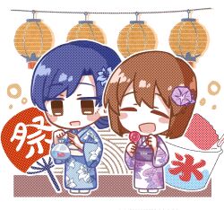 2girls bag bagged_fish blue_flower blue_hair blue_kimono brown_eyes brown_hair chibi chiwawa174 closed_eyes fish floral_print floral_print_kimono flower full_body hagiwara_yukiho hair_bun hair_flower hair_ornament hashtag-only_commentary highres holding holding_bag idolmaster idolmaster_(classic) japanese_clothes kimono kisaragi_chihaya long_sleeves multiple_girls obi open_mouth outline print_kimono purple_flower purple_kimono sash short_hair single_hair_bun smile standing white_outline wide_sleeves