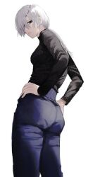 1girl artist_request ass chainsaw_man character_request denim expressionless eyepatch grey_hair jeans looking_at_viewer pants tagme white_hair