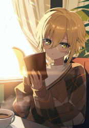 Rule 34 | 1boy, blonde hair, book, brown sweater, chair, coffee, fuubuu, glasses, green eyes, hair between eyes, highres, holding, holding book, indoors, looking at viewer, male focus, nijisanji, on chair, open book, parted lips, plant, shirt, short hair, sitting, sleeves past wrists, solo, steam, sunlight, sweater, upper body, uzuki kou, virtual youtuber, white shirt, window