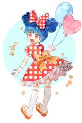 1girl animal_ears atsuko21 back balloon bow disney double_bun dress full_body gloves hair_bow hair_bun highres humanization ibispaint_(medium) looking_at_viewer mickey_mouse_&amp;_friends minnie_mouse open_mouth polka_dot polka_dot_bow smile solo white_gloves