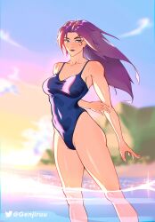 1girl absurdres breasts genjiruu highres large_breasts long_hair looking_at_viewer marvel marvel_rivals one-piece_swimsuit psylocke psylocke_(sai) purple_eyes purple_hair solo swimsuit water x-men