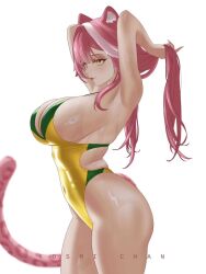 Rule 34 | 1girl, adjusting hair, animal ears, armpits, artist name, blush, breasts, commentary, covered navel, english commentary, green one-piece swimsuit, hair intakes, hololive, hololive english, kosmi chan, large breasts, long hair, multicolored hair, one-piece swimsuit, panther ears, panther girl, panther tail, pink hair, pink lips, raora panthera, shiny skin, simple background, smile, solo, streaked hair, swimsuit, tail, thighs, two-tone one-piece swimsuit, virtual youtuber, white background, yellow eyes, yellow one-piece swimsuit