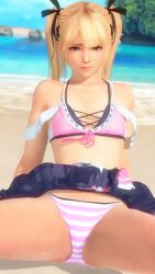 1girl 3d beach bikini blonde_hair blue_eyes closed_mouth crotch dead_or_alive dead_or_alive_xtreme dead_or_alive_xtreme_venus_vacation game_cg marie_rose medium_hair ocean outdoors pink_bikini sitting skirt spread_legs striped_bikini striped_clothes swimsuit thighs twintails water