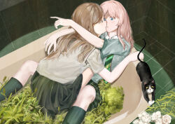 2girls absurdres arms_around_neck bang_dream! bang_dream!_it&#039;s_mygo!!!!! bathroom bathtub between_legs black_cat black_skirt blue_eyes brown_hair cat chihaya_anon chinese_commentary closed_mouth collared_shirt commentary_request ewg7k3eutb99502 flower green_necktie green_skirt grey_shirt haneoka_school_uniform highres indoors kiss long_hair multiple_girls nagasaki_soyo necktie parted_lips pink_hair plaid_clothes plaid_skirt pleated_skirt rose school_uniform shirt short_sleeves skirt tile_floor tile_wall tiles white_flower white_rose yuri