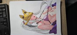 Rule 34 | absurdres, animelover24199, bikini, breasts, digimon, digimon (creature), fox mask, hair ornament, hairpin, highres, lipstick, long hair, makeup, marking on cheek, mask, pink bikini, sakuyamon, smile, swimsuit, traditional media, white hair