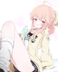 1girl black_skirt blue_archive bottle hair_bun halo highres holding holding_bottle jacket long_sleeves looking_at_viewer miniskirt natsu_(band)_(blue_archive) natsu_(blue_archive) open_mouth pink_eyes pink_hair pink_halo plastic_bottle pleated_skirt ponytail sakurano_rocco shirt simple_background single_side_bun sitting skirt socks solo white_background white_shirt white_socks yellow_jacket