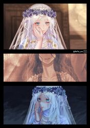 1girl absurdres anya_orz blue_eyes blue_flower bridal_veil commentary cracked_skin doll_joints elden_ring elden_ring_nightreign english_commentary fingernails flower hand_on_own_face head_wreath highres joints lips long_hair open_mouth pink_lips pink_nails revenant_(elden_ring) smile twitter_username veil white_hair