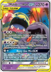 Rule 34 | alolan form, alolan muk, arita mitsuhiro, artist name, blob, card (medium), character name, claws, company name, copyright name, copyright notice, eating, english text, fire, gen 1 pokemon, gen 7 pokemon, holding, muk, night, night sky, nintendo, no humans, official art, open mouth, palm tree, pokemon, pokemon (creature), pokemon card, pokemon focus, pokemon tcg, sharp teeth, sky, star (sky), teeth, third-party source, torch, trading card, trash, tree, v-shaped eyes