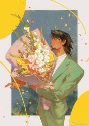 1boy black_hair border bouquet brown_hair closed_eyes closed_mouth creamyghost flower flower_request gladiolus green_jacket highres holding holding_bouquet jacket kaburagi_t._kotetsu long_sleeves male_focus mature_male petals pink_flower shirt short_hair solo tiger_&amp;_bunny white_border white_flower white_shirt