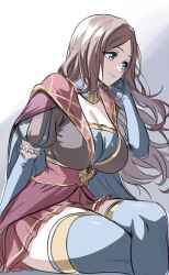1girl blue_eyes blue_gloves breasts brown_hair cleavage commission elbow_gloves fate/grand_order fate_(series) gloves highres large_breasts legs_folded leonardo_da_vinci_(fate) long_hair parted_bangs pleated_skirt puff_and_slash_sleeves puffy_short_sleeves puffy_sleeves short_sleeves sketch skirt smile solo thighhighs unfinished zantyarz