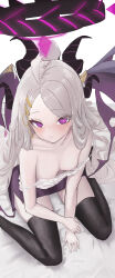 1girl absurdres ahoge black_halo black_horns black_thighhighs blue_archive breasts closed_mouth clothes_pull from_above grey_hair hair_ornament hairclip halo highres hina_(blue_archive) horns long_hair looking_at_viewer looking_up multiple_horns purple_eyes purple_skirt purple_wings shirt shirt_pull sitting skirt small_breasts solo thighhighs very_long_hair wariza white_shirt wings yoruminono_yo