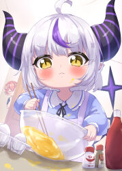 &gt;:( 2girls ^_^ ahoge apron black_ribbon blue_dress brown_eyes chopsticks closed_eyes closed_mouth collared_dress commentary_request demon_horns dress egg frown grey_hair highres holding holding_chopsticks hololive horns ketchup_bottle la+_darknesss long_sleeves masaki_(msk064) mixing_bowl multicolored_hair multiple_girls neck_ribbon open_door peeking_out pink_hair puffy_long_sleeves puffy_sleeves purple_hair ribbon smile solo_focus streaked_hair takane_lui v-shaped_eyebrows virtual_youtuber white_apron