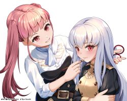 2girls absurdres applying_makeup blush breasts closed_mouth fire_emblem fire_emblem:_three_houses garreg_mach_monastery_uniform hair_ornament highres hilda_valentine_goneril holding large_breasts lipstick long_hair long_sleeves looking_at_viewer lysithea_von_ordelia makeup multiple_girls nintendo pink_eyes pink_hair ryo-suzuki simple_background smile twintails upper_body white_background white_hair