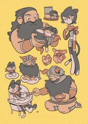 1boy 1girl absurdres beard body_fur bulge_peek cat_girl closed_eyes collage cropped_torso deformed dungeon_meshi dwarf facial_hair fake_horns feeding foodification forced frown helmet highres horned_helmet horns izutsumi kneading_(behavior) kneading_dough long_beard male_underwear male_underwear_peek mustache neck_warmer senshi_(dungeon_meshi) sknc1291 standing thick_mustache toddler u_u underwear very_long_beard wok yellow_background