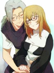 1boy 1girl bad_id bad_pixiv_id bidarian black_dress blonde_hair closed_eyes closed_mouth dress grey_hair holding_hands long_hair long_sleeves naruto_(series) naruto_shippuuden ninja ponytail round_eyewear short_sleeves smile yakushi_kabuto yakushi_nonou